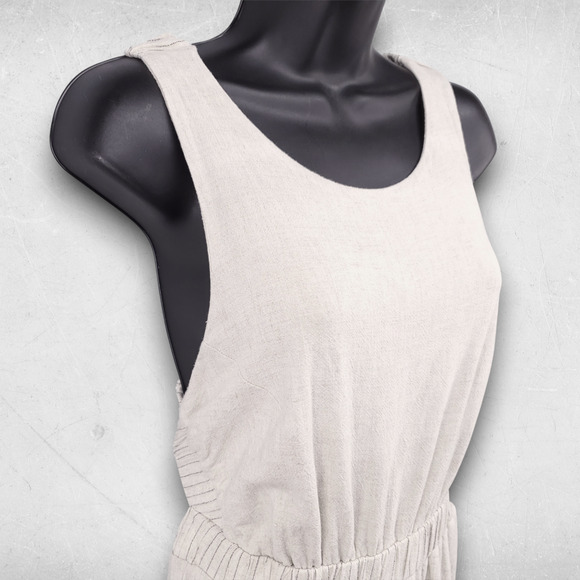 Hem & Thread Pant Jumpsuit Women M Beige Linen Blend Crossover Straps Boho 70s - Picture 3 of 12